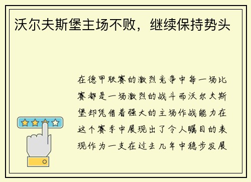 沃尔夫斯堡主场不败，继续保持势头