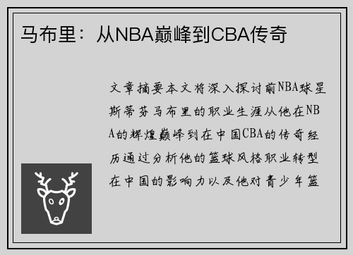 马布里：从NBA巅峰到CBA传奇
