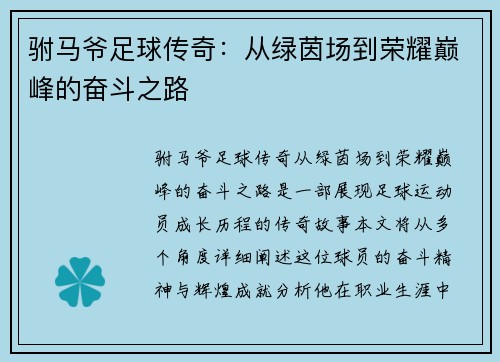 驸马爷足球传奇：从绿茵场到荣耀巅峰的奋斗之路