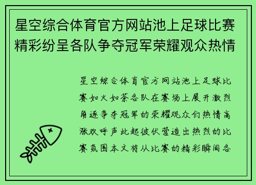 星空综合体育官方网站池上足球比赛精彩纷呈各队争夺冠军荣耀观众热情高涨