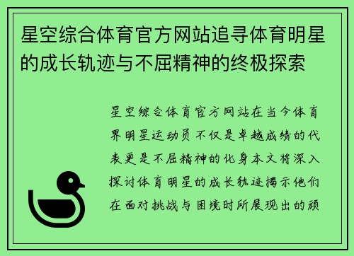 星空综合体育官方网站追寻体育明星的成长轨迹与不屈精神的终极探索