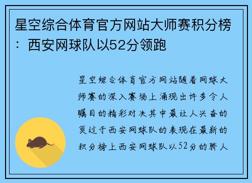 星空综合体育官方网站大师赛积分榜：西安网球队以52分领跑
